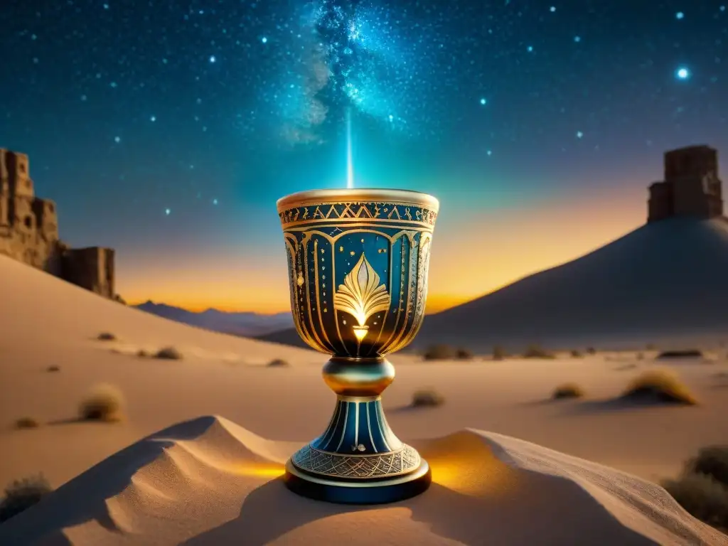 Copa de Jamshid: La magia de Persépolis Un cáliz brillante con motivos persas y luz sobrenatural en la noche del desierto estrellado, revelando la verdad absoluta Copa Jamshid
