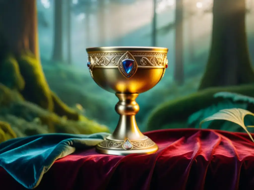 Caliz dorado con joyas en bosque místico Un cáliz dorado adornado con joyas, sobre un cojín de terciopelo bordado con símbolos antiguos