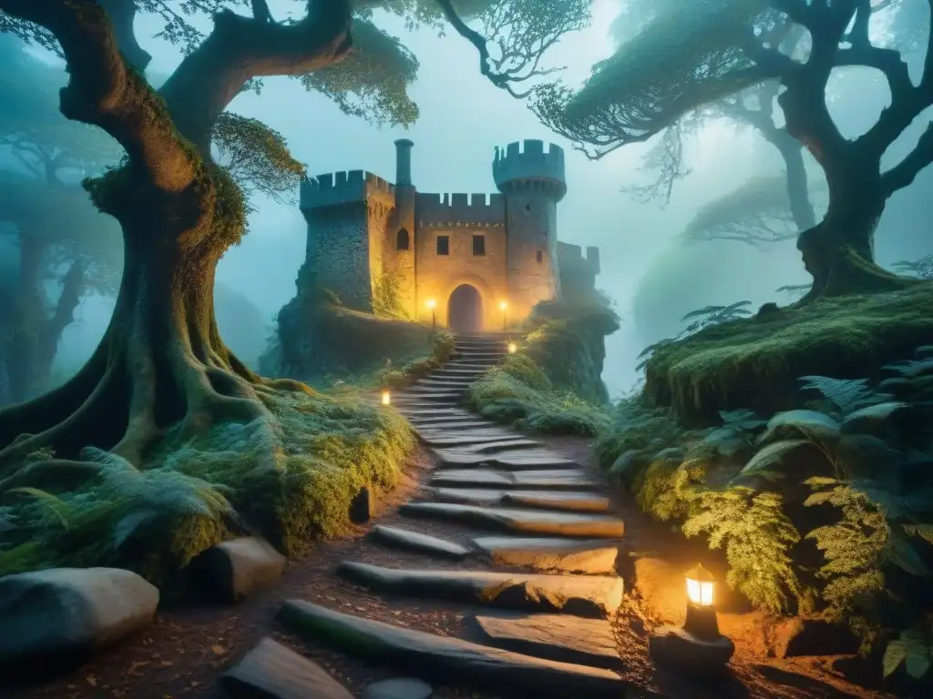 Sendero ancestral iluminado por orbes místicos en bosque encantado Camino de antiguos hechiceros en un bosque místico iluminado por orbes etéreos