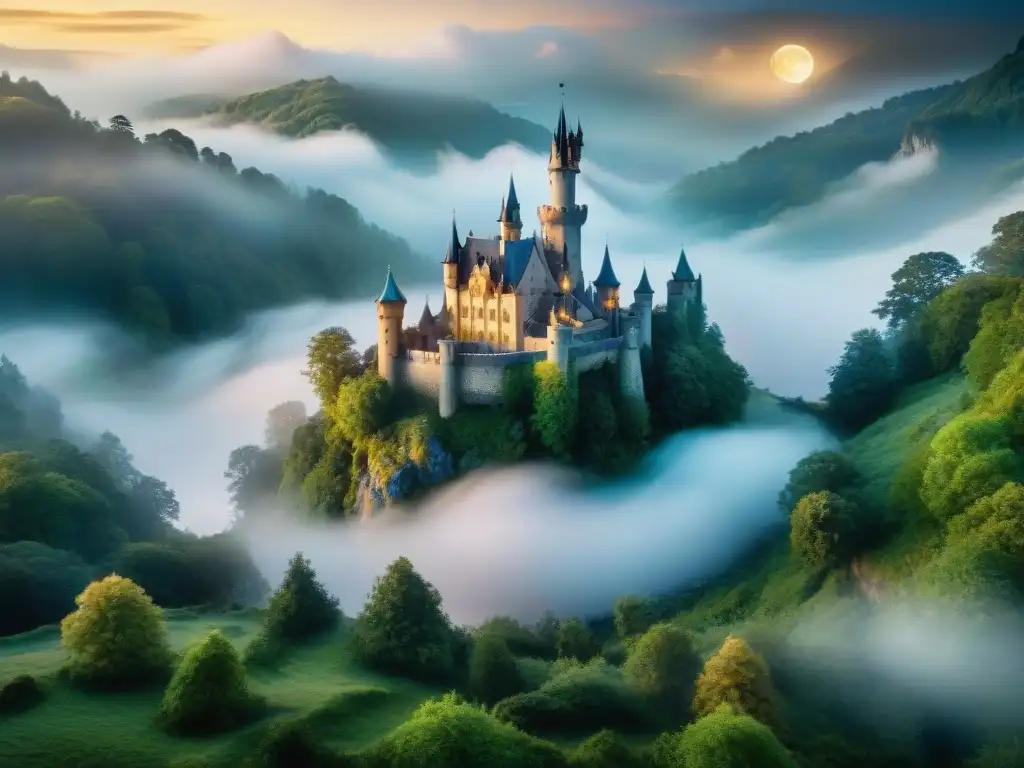 Castillo mágico en bosque encantado: un mundo de fantasía y misterio Castillo mágico en bosque con criaturas míticas, dualidad bien y mal cuentos de hadas
