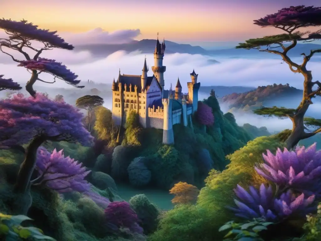 Castillo mágico en el bosque encantado Un castillo mágico emerge en un bosque encantado, donde hadas y unicornios conviven