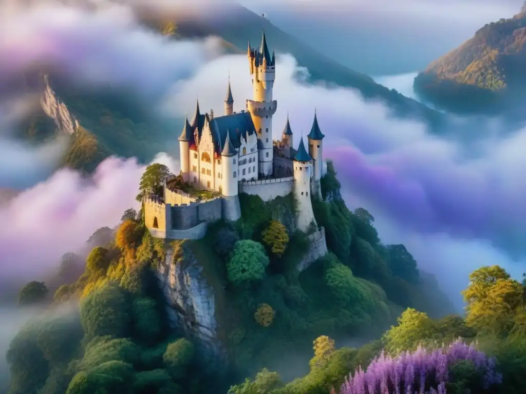 Castillo mágico: fairies, dragón y paisaje encantado Un castillo majestuoso en un acantilado, rodeado de bosques verdes y niebla mística