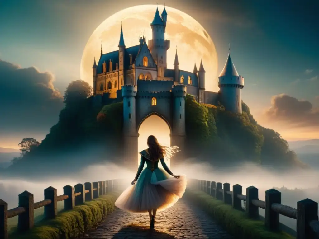 Castillo místico: la lucha entre luz y sombra Castillo majestuoso entre luz y sombras, reflejando dualidad en cuentos de hadas