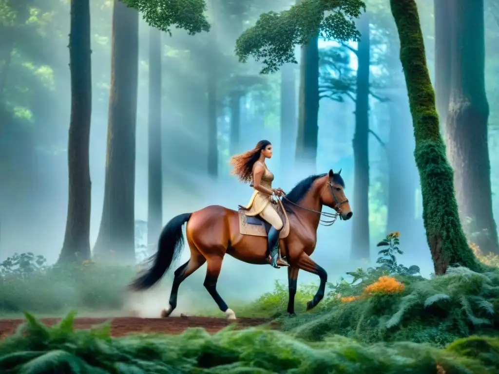 Centáuro en bosque místico: armadura brillante y arco en mano Centauro majestuoso galopando en un bosque místico, con armadura brillante y arco, mitad caballo y mitad guerrero, creando una atmósfera mítica