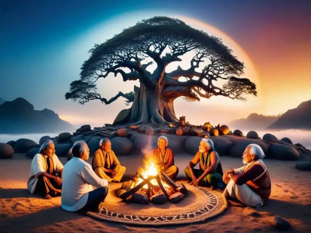 Reunión sagrada de ancianos indígenas alrededor del fuego Círculo sagrado de ancianos indígenas alrededor del fuego contando historias, legado de tradición oral
