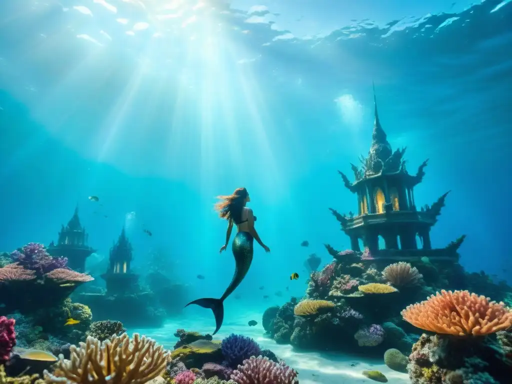Ciudad cristalina submarina: un mundo mágico y fascinante Una ciudad de cristal brillante en el fondo del océano, con altas torres de cristales iridiscentes
