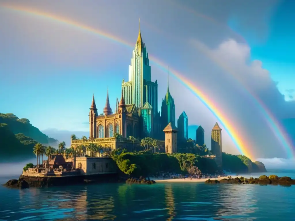 Ciudad de cristal submarina: mermaids, colores y misterio Una ciudad de cristales emerge del océano, con mermaids y tecnología perdida