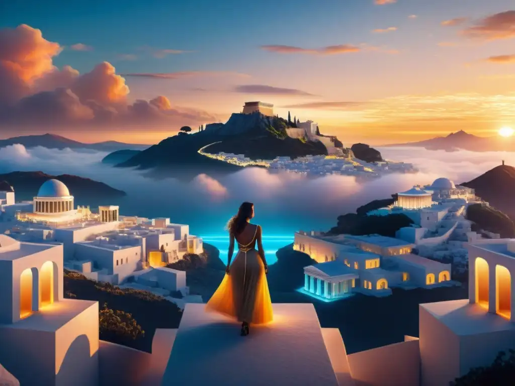 Una ciudad futurista fusionada con la mitología griega en diseño de videojuegos, con ninfas interactivas y arquitectura clásica