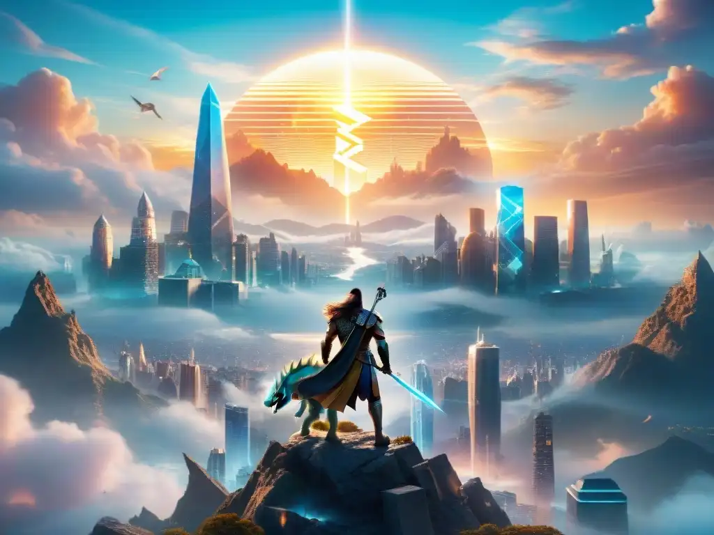 Cityscape futurista con criaturas míticas: dragones holográficos, centauros y unicornios entre rascacielos Una ciudad futurista fusionada con la mitología en realidad aumentada