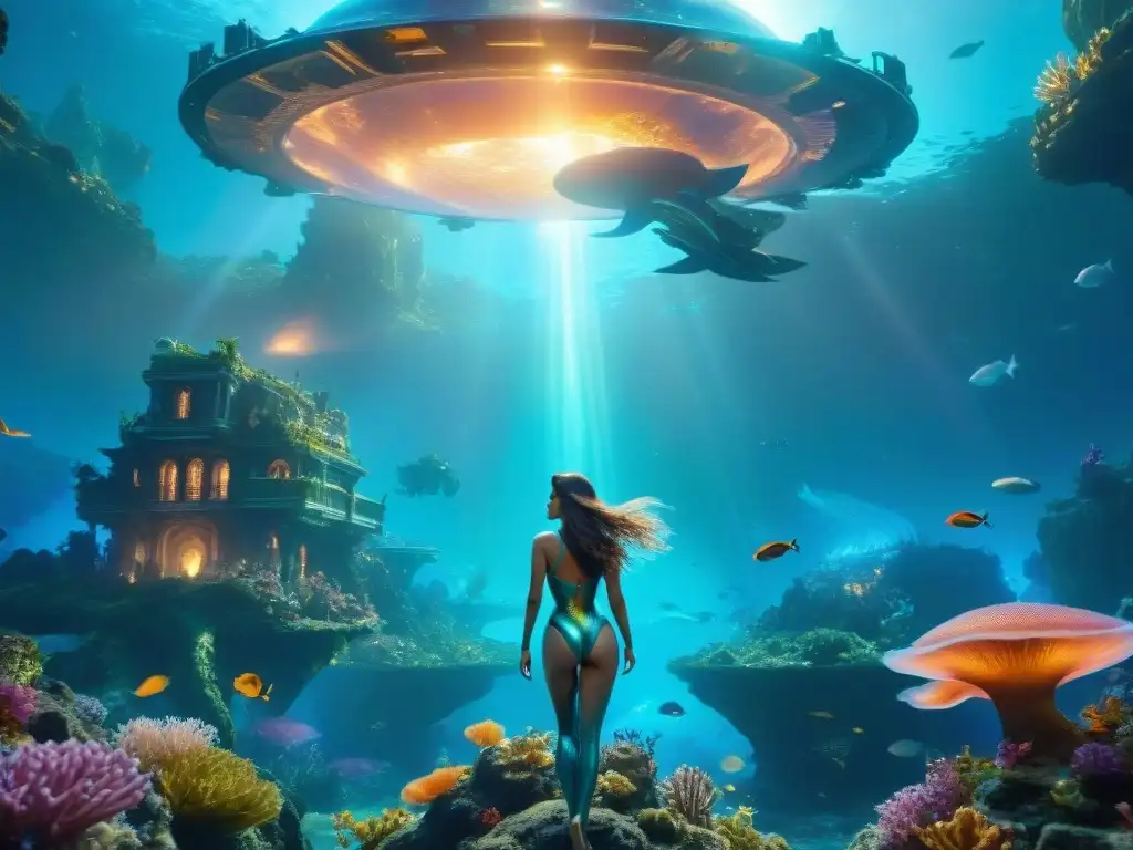 Ciudad submarina alienígena con seres iridiscentes Ciudad submarina alienígena poblada por sirenas etéreas con escamas iridiscentes