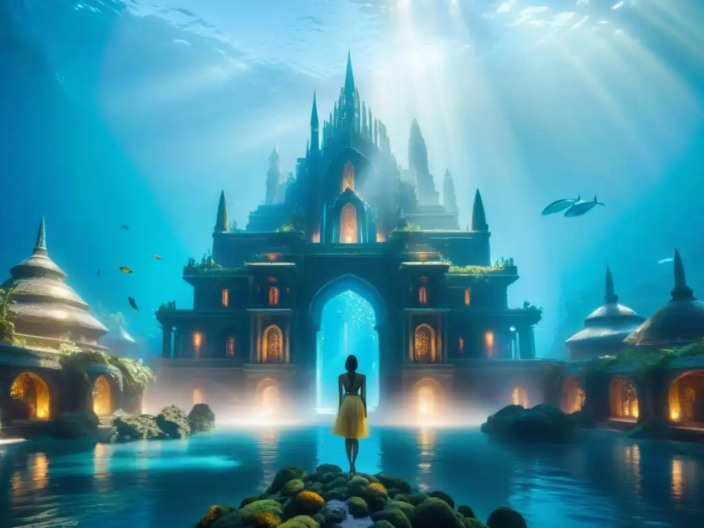 Atlantis: Ciudad Submarina de Cristal y Misterio Una ciudad submarina de cristales deslumbrantes, con torres imponentes y estructuras intrincadas iluminadas por una luz sobrenatural