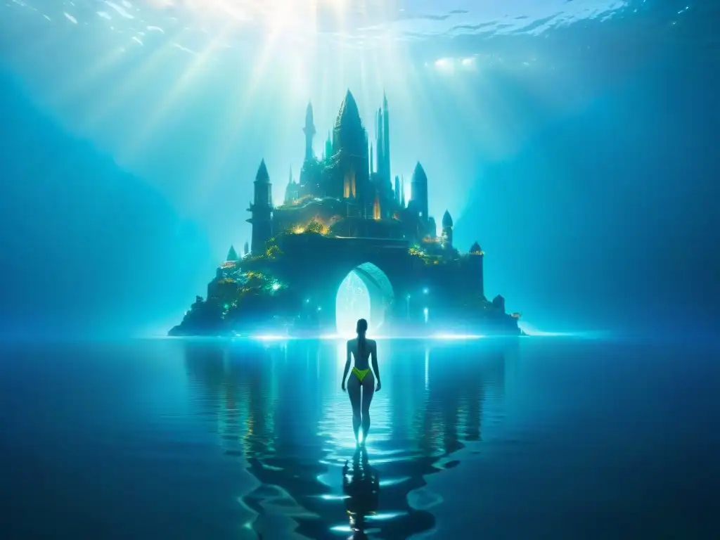 Ciudad submarina de cristal: maravilla luminosa en el fondo del océano Una ciudad submarina de cristales luminosos, con torres relucientes y cúpulas iridiscentes, envuelta en misteriosas luces marinas