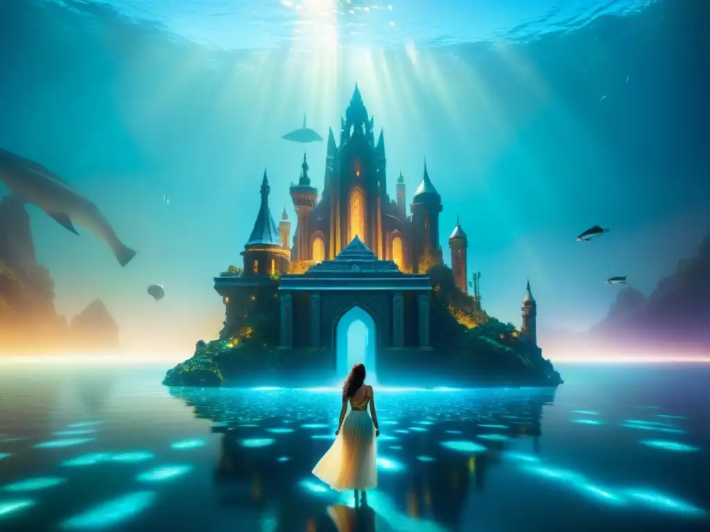 Fantástica ciudad submarina cristalina con seres míticos Una ciudad submarina majestuosa con cristales de Atlántida, tecnología perdida, iluminada por un resplandor mágico