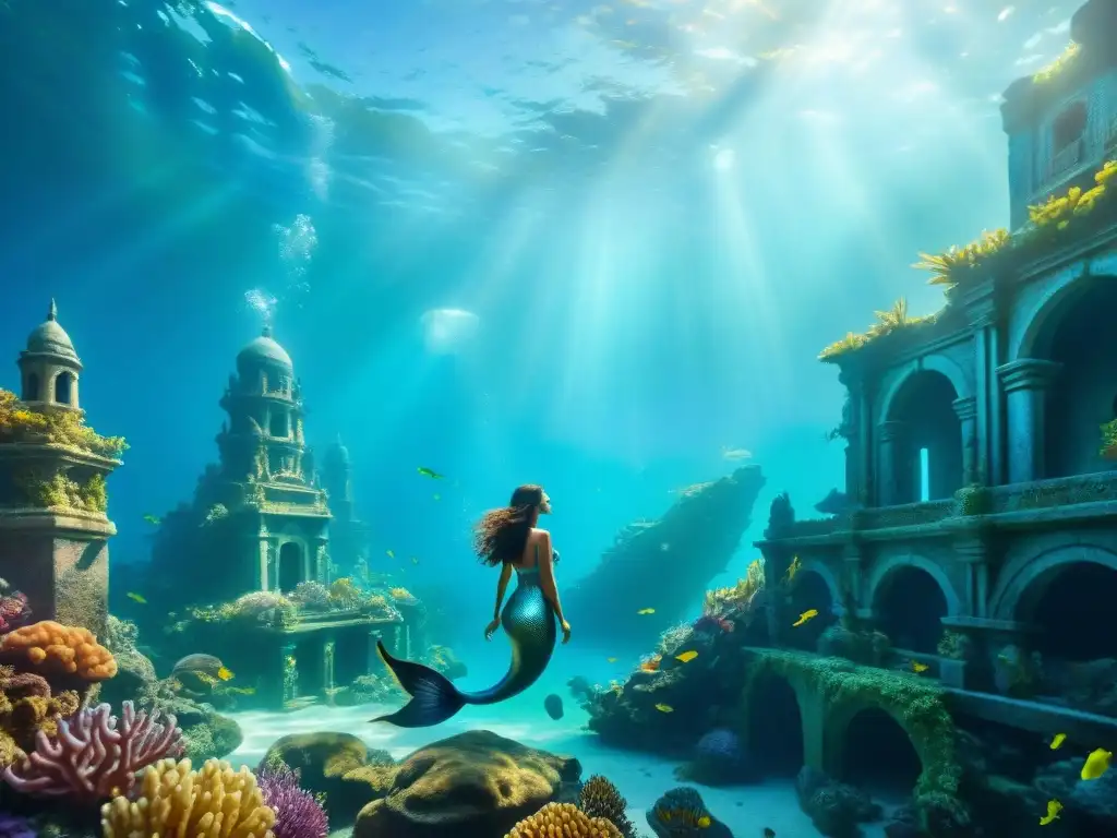 Ciudad Submarina Mágica con Sirenas y Ruinas Antiguas Una ciudad submarina majestuosa con sirenas elegantes entre arrecifes de coral y ruinas antiguas