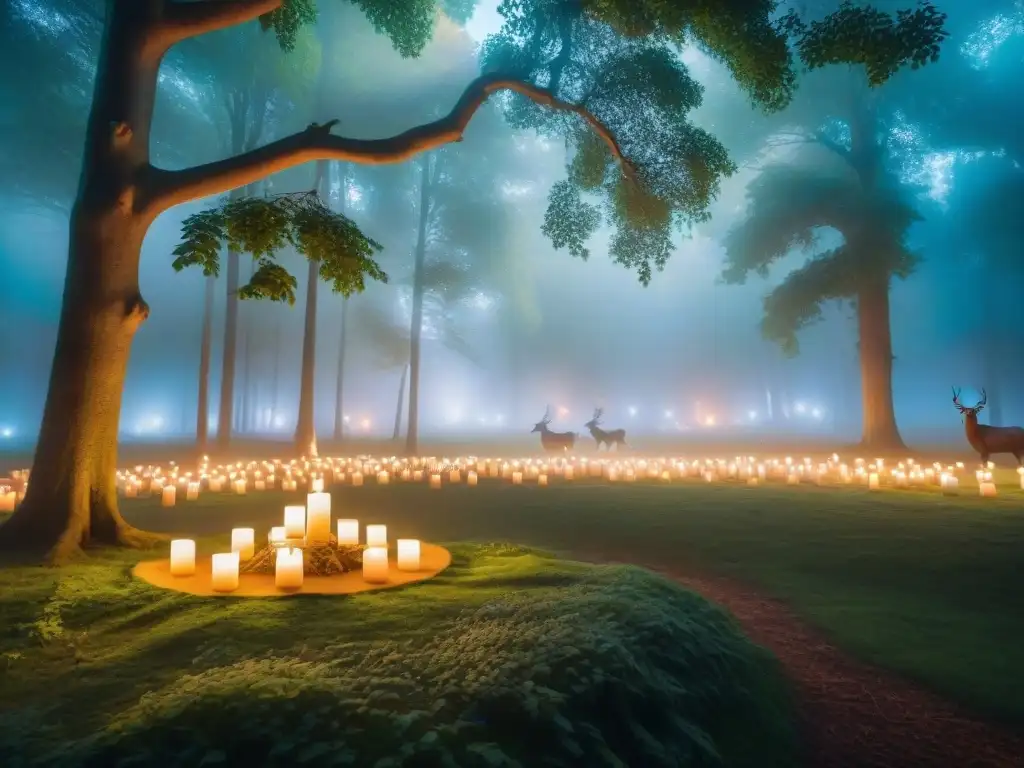 Bosque mágico con velas flotantes y criaturas místicas Un claro del bosque iluminado por velas de intención para paz, rodeadas de magia y serenidad con unicornios y ciervos
