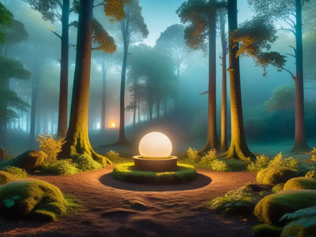 Claro de Luna Mágico con Piedestal Rúnico Un claro de bosque místico y sereno, iluminado por la luna llena