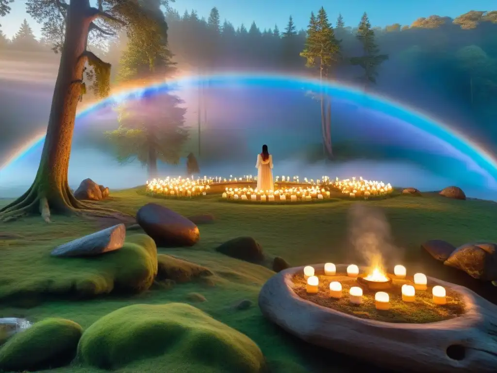 Bosque mágico: unicornio y hadas en claroscuro de velas Un claro de bosque sereno al anochecer, iluminado por velas de intención para paz en vibrantes colores