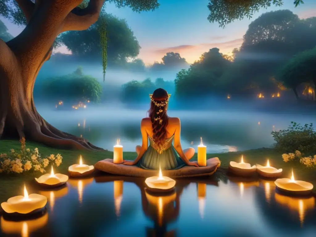 Bosque mágico: unicornio y velas encantadas bajo el cielo estrellado Un claro mágico en el bosque con velas de intención para paz iluminando a un majestuoso unicornio