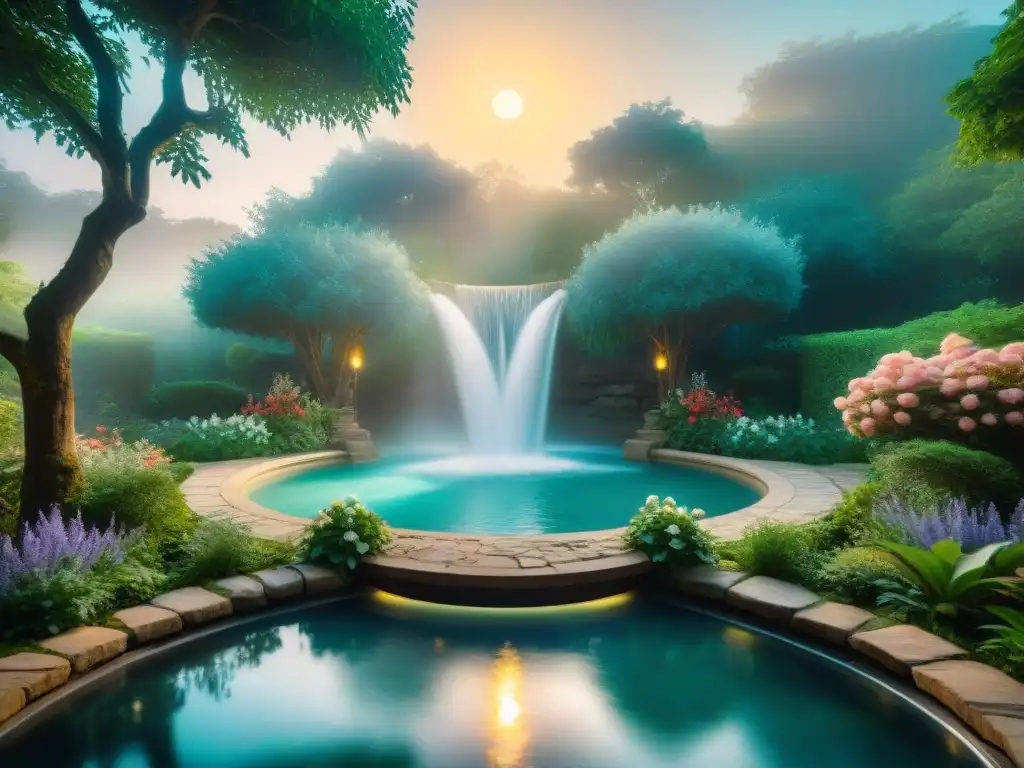 Un claro místico en el bosque iluminado por la luna llena, con una fuente antigua y seres mágicos