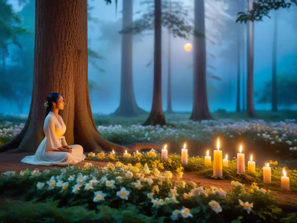 Claro de Luna Mágico: Vela Iluminando Flores Vibrantes Un claro de bosque místico iluminado por la luz lunar, con una vela encendida sobre un lecho de flores vibrantes