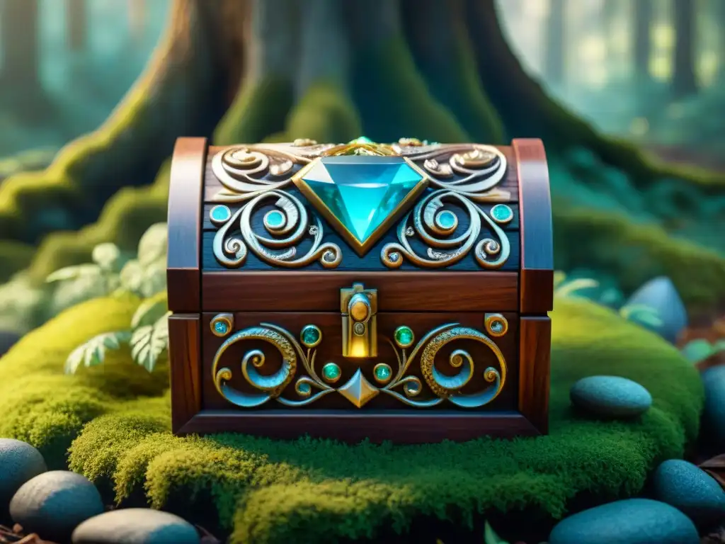 Arca mágica en bosque encantado: gemas, runas y luz etérea Un cofre antiguo con gemas y runas, emitiendo luz en un bosque místico