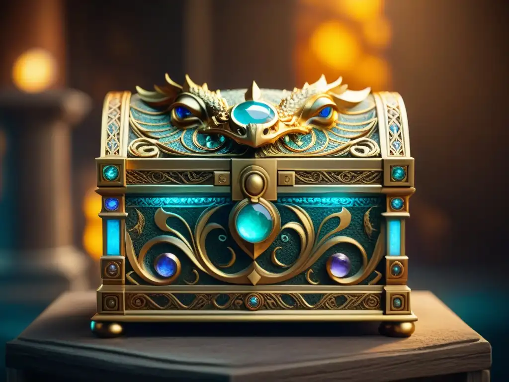 Tesoro mítico: cofre dorado con dragón y artefactos Un cofre de oro con gemas, artefactos míticos y un dragón protector