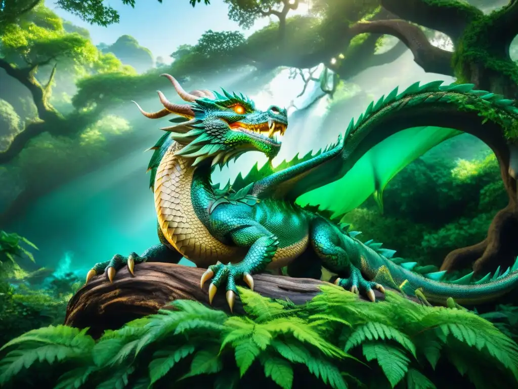 Dragón majestuoso en bosque encantado con tesoros místicos Coleccionables míticos con valor inversión: Un dragón majestuoso resplandece entre la mágica selva nocturna