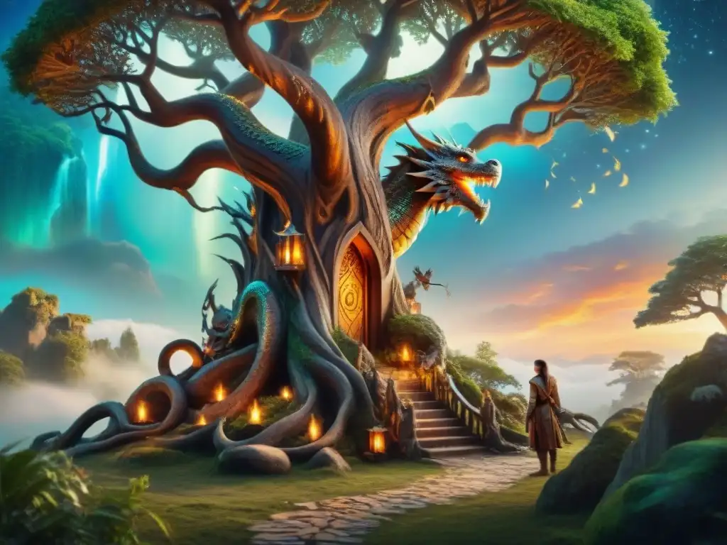 Dragón majestuoso en árbol ancestral con criaturas místicas Coleccionables míticos con valor inversión: Escena mágica con dragón, hadas y unicornios alrededor de un árbol antiguo cubierto de runas brillantes