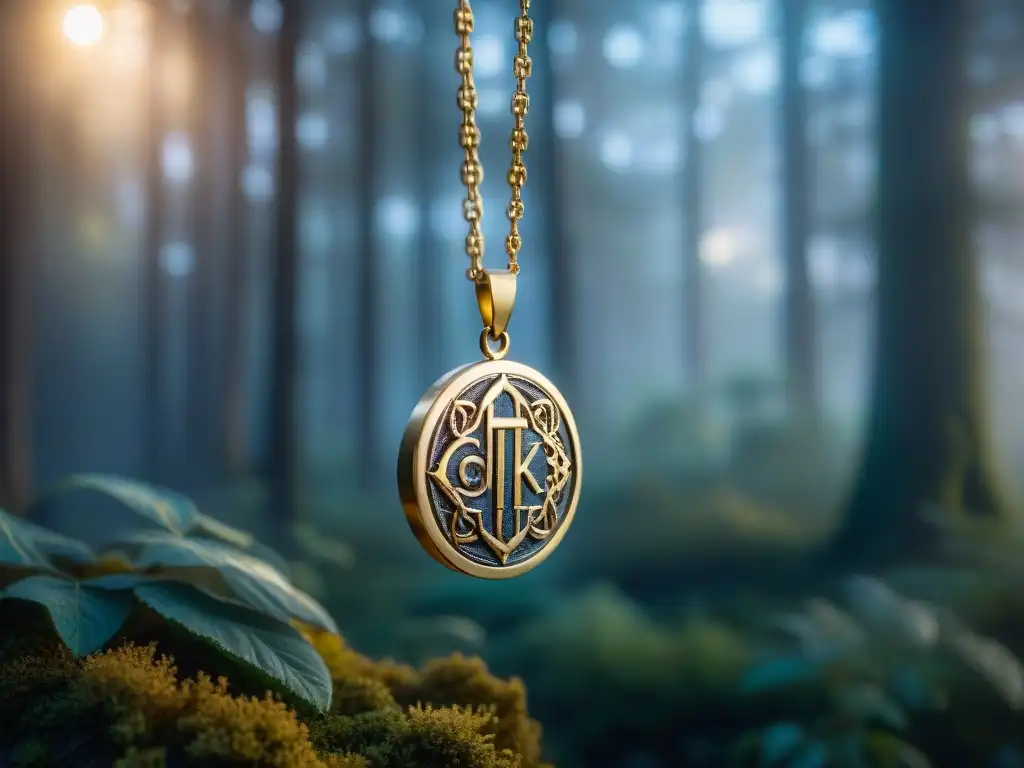 Amuleto dorado con runas antiguas en un bosque nocturno Colgante dorado con runas antiguas brillantes en un bosque iluminado por la luna