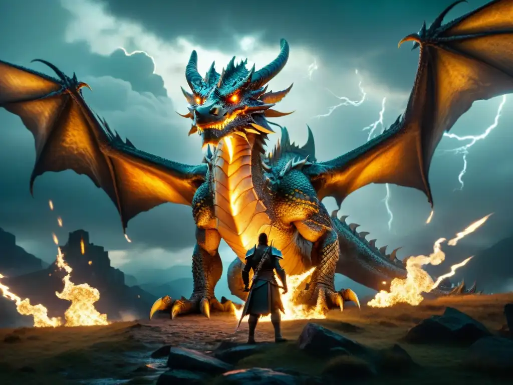 Batalla épica: enfrentando al dragón legendario en la tormenta Un colosal dragón con escamas brillantes y ojos fulgurantes surca el cielo tormentoso