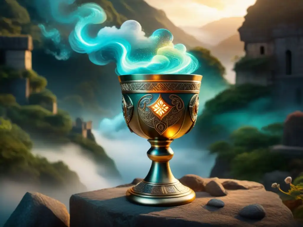 La Copa de Jamshid: un misterioso tesoro iluminado Una copa mítica y detallada, adornada con símbolos antiguos y resplandeciendo en una atmósfera etérea