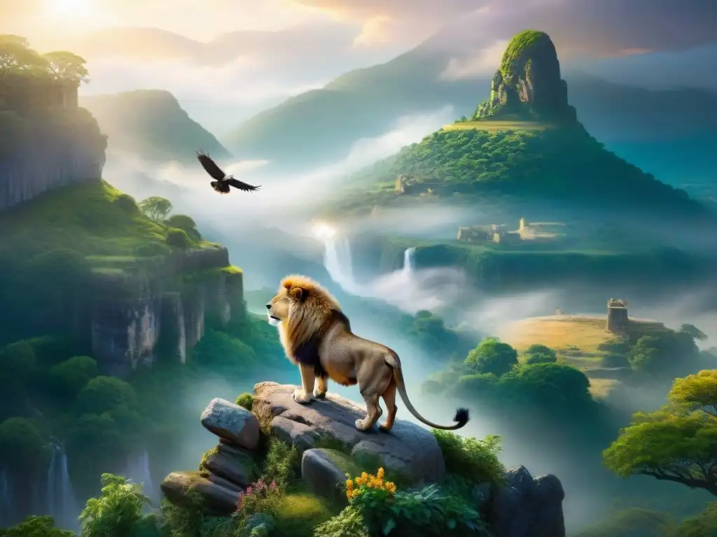 Criatura alada mitológica fascinante con cuerpo de león y alas de águila, dominando un valle místico