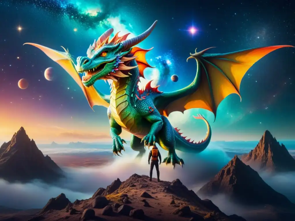 Dragón alienígena surca el cosmos entre estrellas y nebulosas Una criatura mítica y alienígena surcando galaxias y estrellas en un paisaje cósmico, lleno de color y misterio