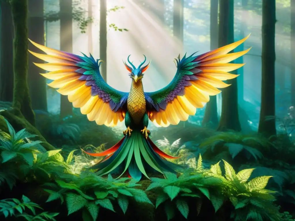 Una criatura mítica emerge de un bosque encantado, con raíces culturales de seres fantásticos en un viaje de asombro y magia