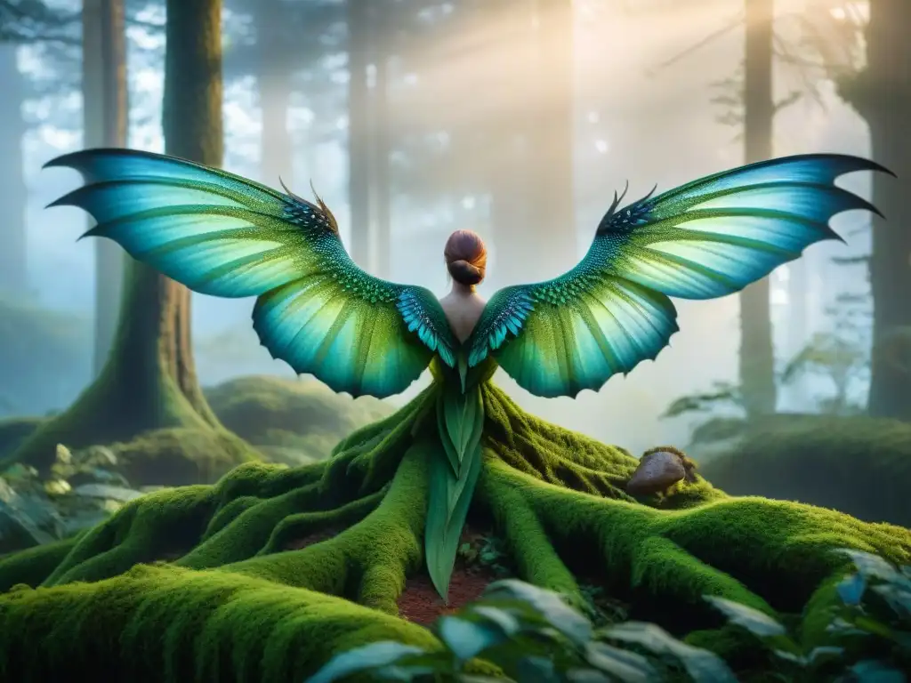 Una criatura mítica emerge de un bosque místico al anochecer, atrayendo por seres fantásticos
