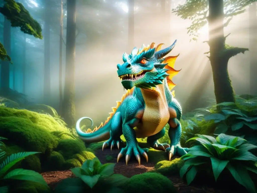 Una criatura mítica mitad humana, mitad dragón, en un bosque místico, con expresión profunda