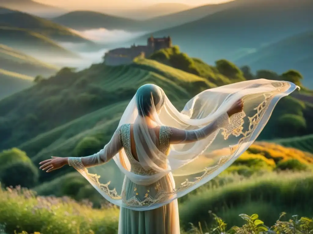 Cuadro etéreo: velo suspendido con hilos dorados formando patrones, detrás rostro divino velo Manoppello y paisaje místico iluminado celestialmente