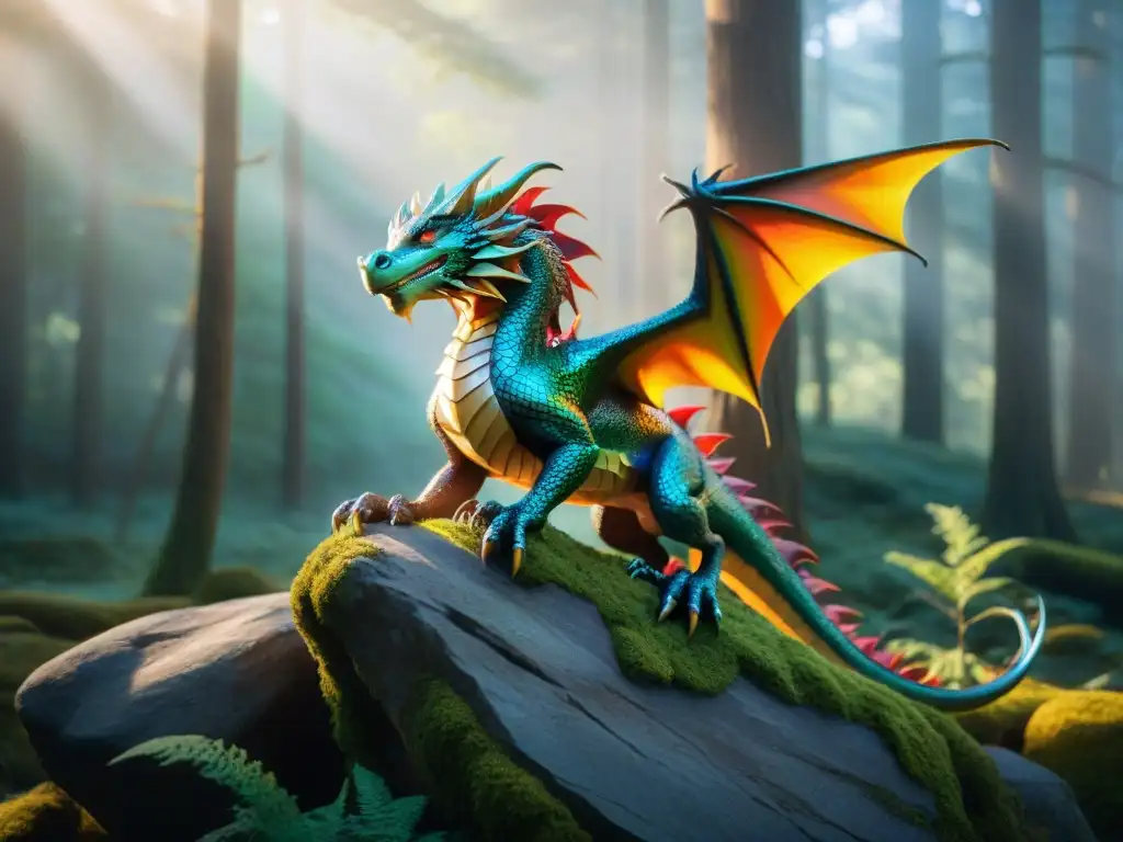 Dragón iridiscente en el bosque encantado Cuidado figuras coleccionables mitos: Majestuoso dragón iridiscente en un bosque encantado, sus escamas brillan en colores mágicos