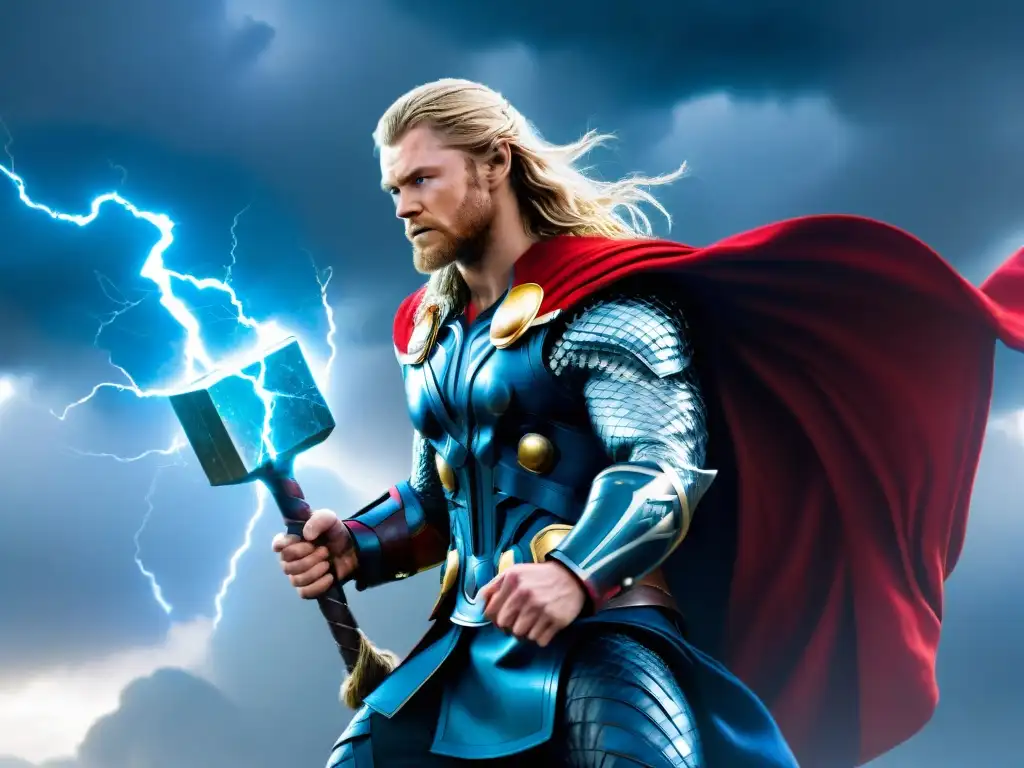 Épica batalla de Thor con Mjölnir en tormenta Ilustración detallada de Thor empuñando Mjölnir en batalla épica