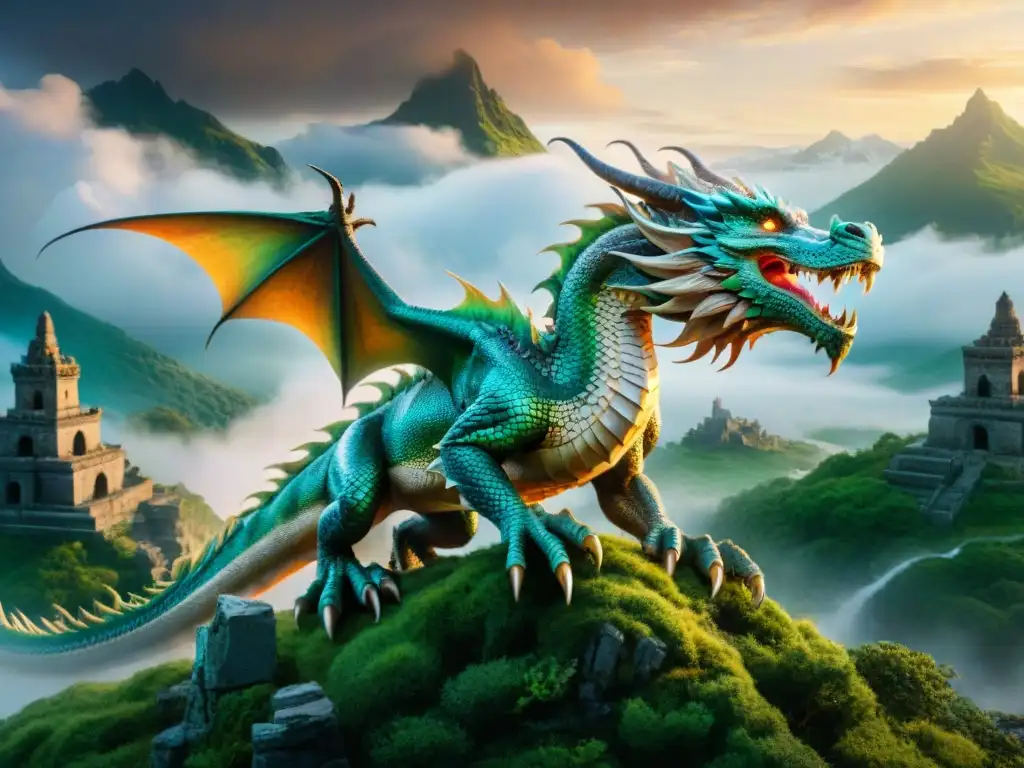 Dragón majestuoso surcando un paisaje místico Ilustración detallada de un majestuoso dragón surcando un paisaje místico