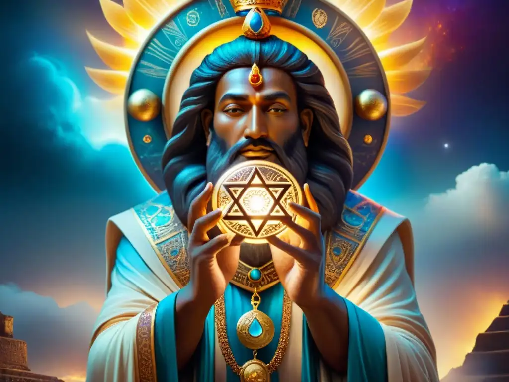 Ilustración detallada del Rey Salomón con talismán místico Ilustración detallada de Salomón sosteniendo un majestuoso talismán, rodeado de energía espiritual en un reino místico