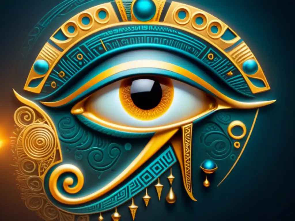 Ojo de Horus: símbolo de protección y sabiduría ancestral Ilustración detallada del Ojo de Horus brillando con luz dorada, rodeado de jeroglíficos egipcios