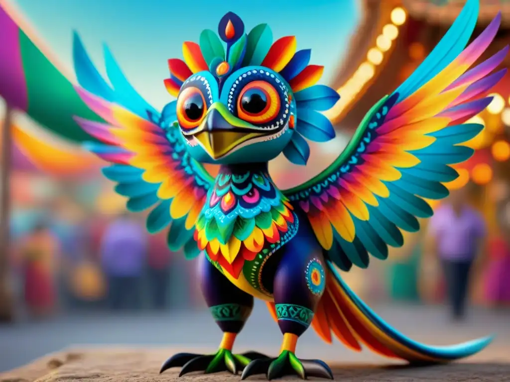 Fantástico alebrije en vuelo sobre mercado mexicano Detalle vibrante de un alebrije en vuelo, en un mercado mexicano con papel picado