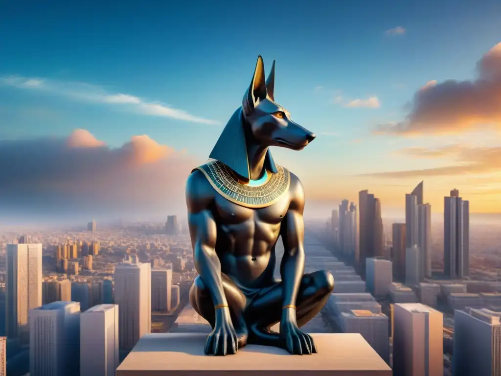 Anubis en la ciudad: fusión de mitología egipcia y era digital En la era digital, la presencia de Anubis y la fusión de dioses egipcios con la ciudad moderna se entrelazan en una ilustración ultradetallada