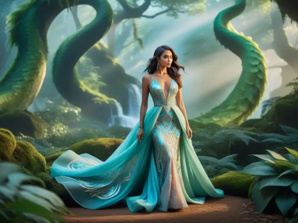 Diseñador de moda con escamas de dragón: inspiración mágica en el bosque Un diseñador de moda envuelto en escamas de dragón, con patrones de runas, rodeado de magia y seres míticos en un bosque encantado