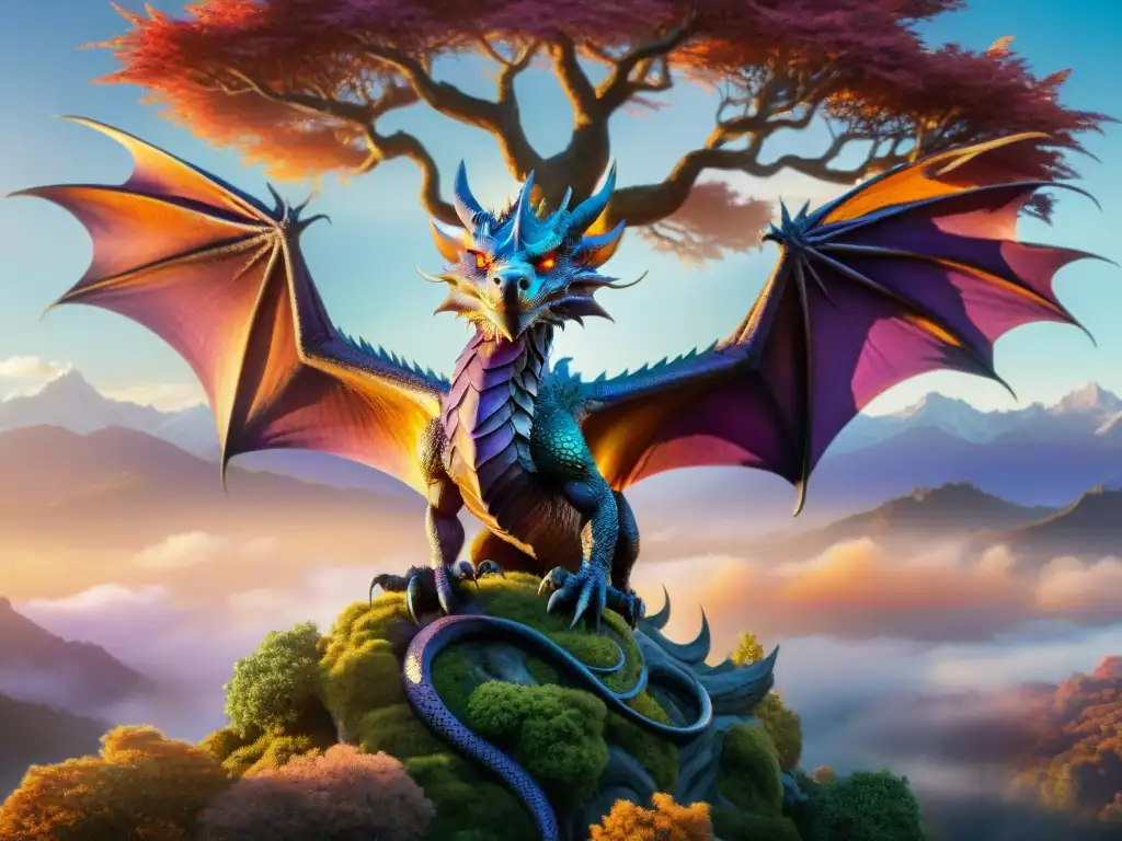 Dragón majestuoso en árbol milenario: un mundo de fantasía En el bosque de fantasía, un dragón majestuoso reposa sobre un antiguo árbol mientras el sol dorado ilumina la escena