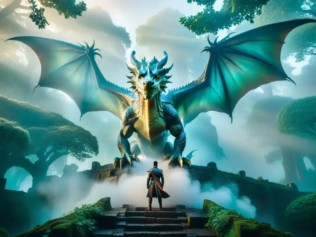 Dragón majestuoso emergiendo en bosque neblinoso Un dragón majestuoso emerge de un bosque brumoso, con escamas iridiscentes bajo la luz del sol filtrada