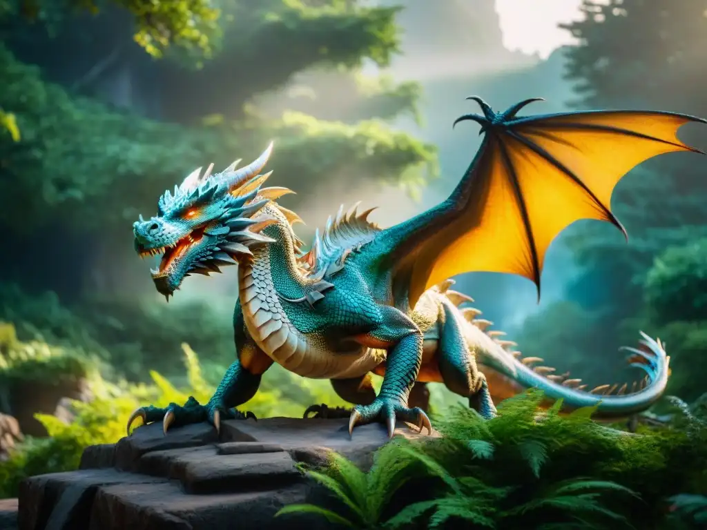 Dragón majestuoso en bosque místico: fusión de ciencia y mitología Un dragón majestuoso en un bosque místico, con escamas brillantes y ojos llenos de poder