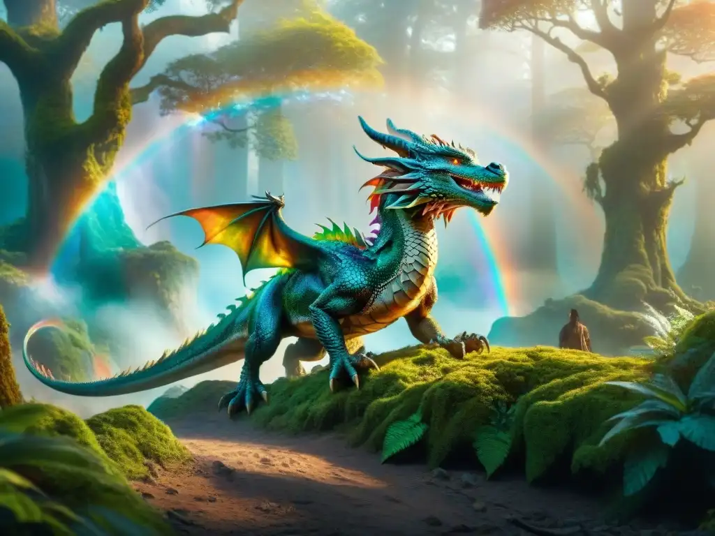 Dragón majestuoso en bosque mágico con hadas y criaturas Un dragón majestuoso sobrevuela un bosque místico lleno de criaturas mágicas y hadas brillantes
