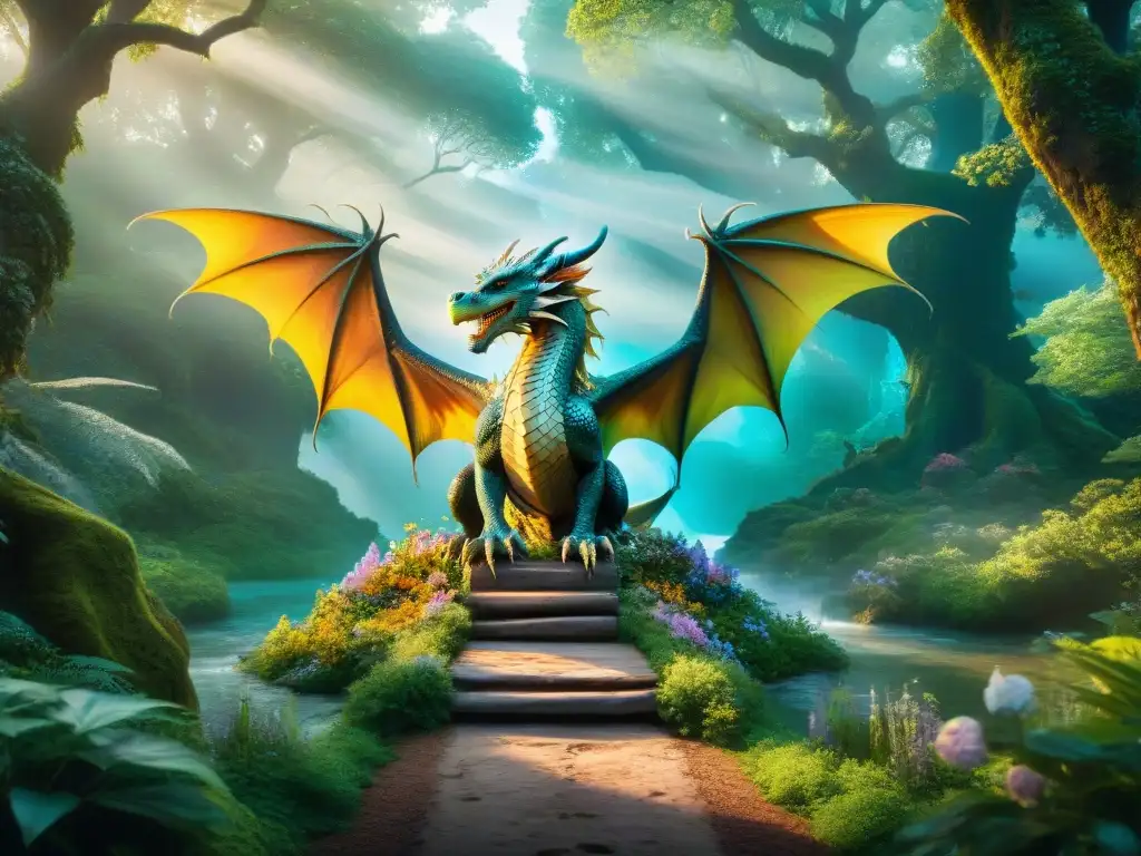 Un dragón majestuoso surcando un bosque místico lleno de criaturas fantásticas, desarrollando estilo narrativo único
